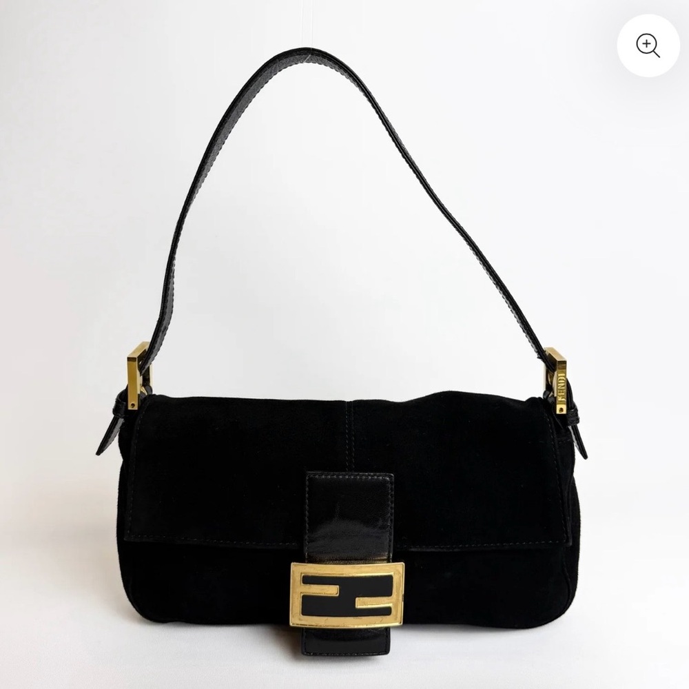 Fendi Black Suede Shoulder Baguette with Gold-Tone FF Buckle